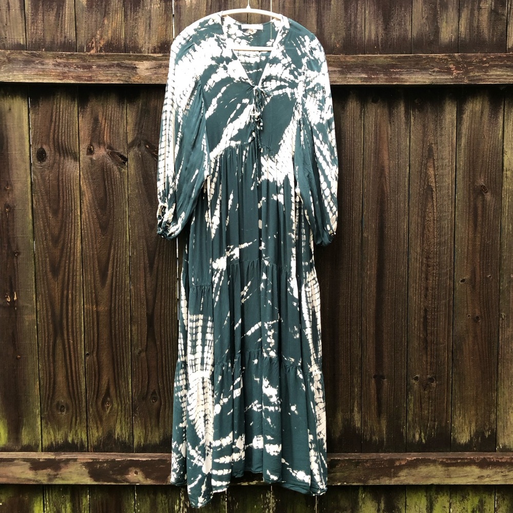 Young Fabulous & Broke Dawn Maxi Dress Green Tie Dye Balloon Sleeve Sheer